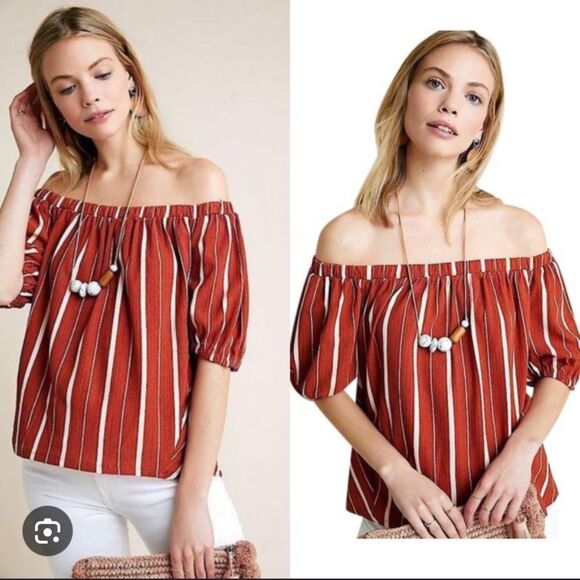 Anthropologie Elodie terra-cotta and white off the shoulder top medium blouse - Picture 1 of 7